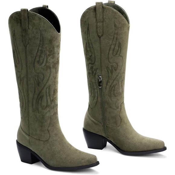 Women's Green Knee High Wide Calf Cowgirl Boots Slip On Pointed Toe Chunky Heel - Picture 5 of 6